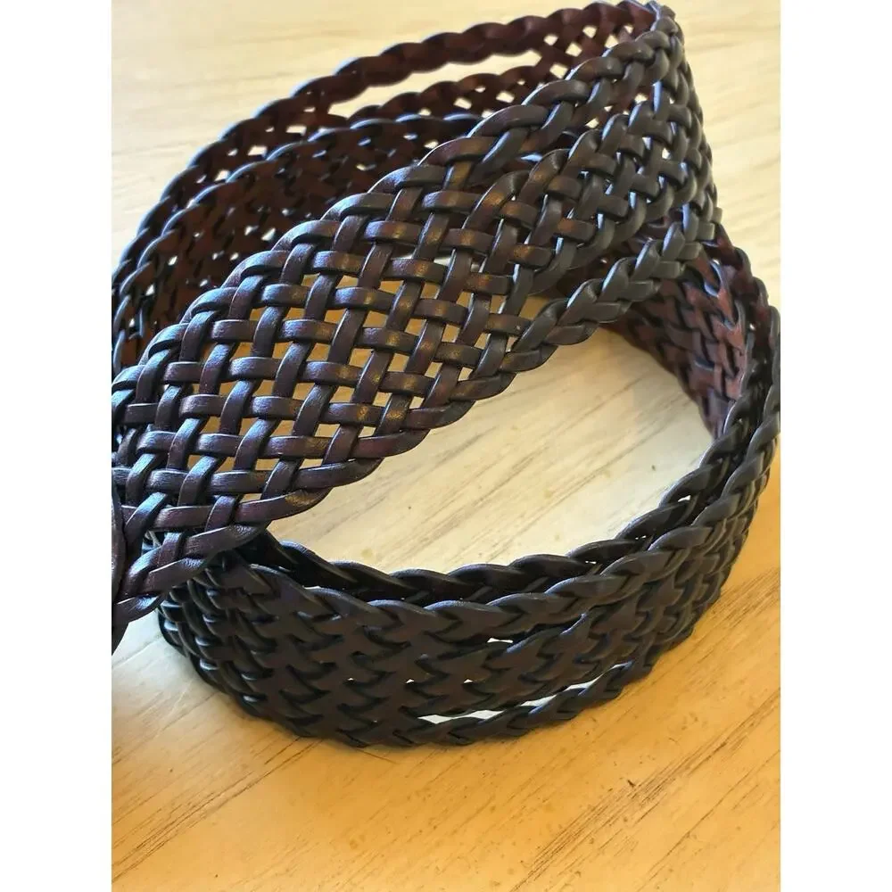 DKNY Women's Mocha Brown Braided Woven Wide Leather Belt w/ Buckle Minimalist M